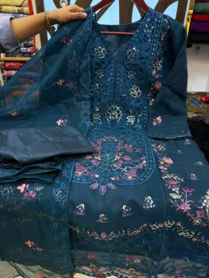 Premium Gold Organza Party Dress with Embroidery & Sequence Work